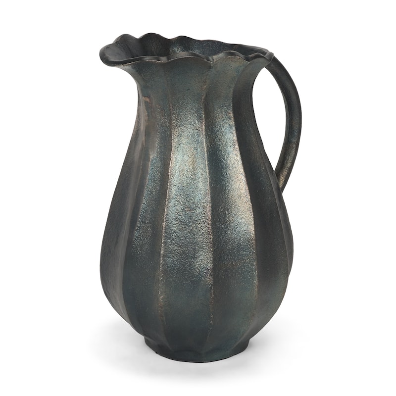 Anya Antiqued Brass Scalloped Petal Cast Metal Jug - 8.3L x 4.0W x 10.8H - Black