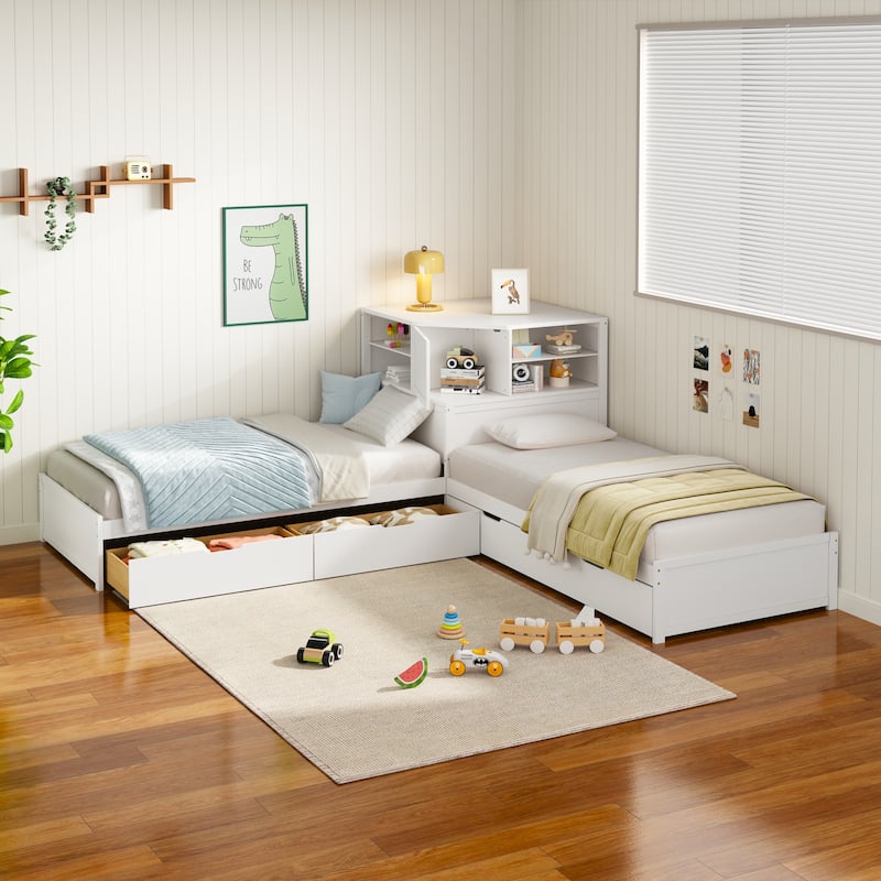 L-Shaped Triple Twin Bed with Built-In Desk, Drawers and Storage Space by Harper&Bright Designs - White