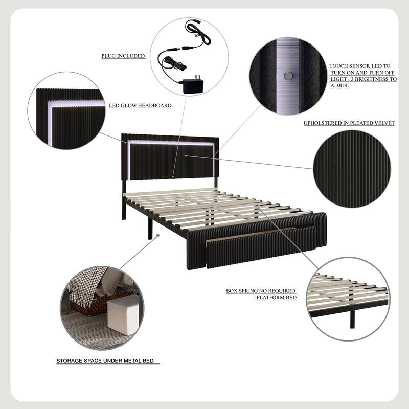 CraftPorch Corduroy Velvet Tufted LED Light Platform Storage Bed