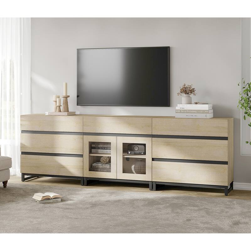 Modern TV Stand for Tvs Up to 100 Inch, 3 In 1 TV Console with Glass Doors and 7 Drawers for Living Room, Bedroom