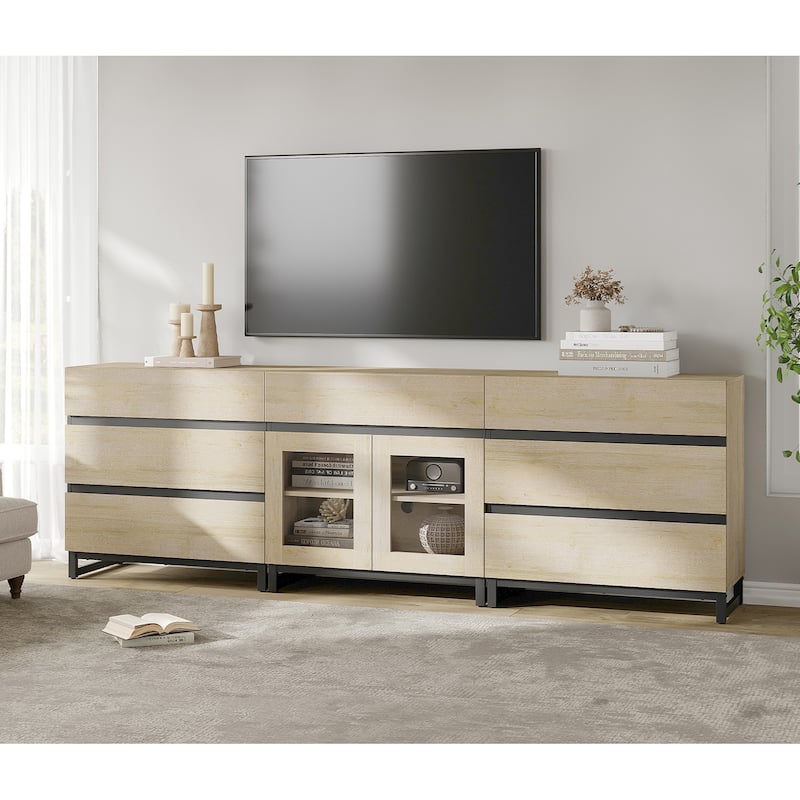 Modern TV Stand for Tvs Up to 100 Inch, 3 In 1 TV Console with Glass Doors and 7 Drawers for Living Room