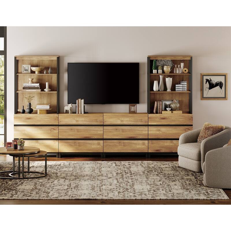 WAMPAT Modern TV Stand with 3 Tiers Bookshelf, Farmhouse Entertainment Center with 12 Drawers and Adjustable Shelf - Oak