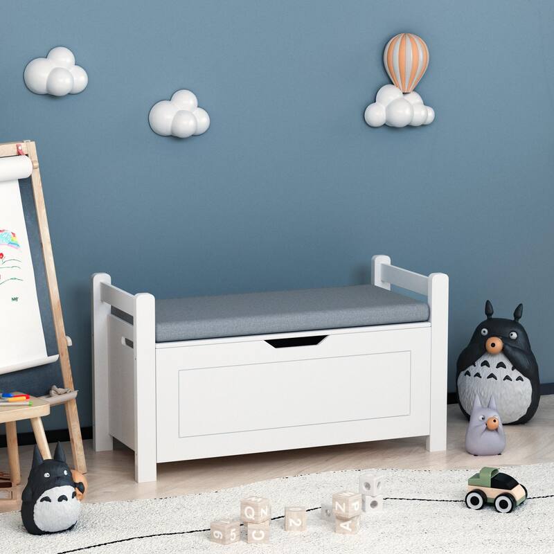 Kids Toy Box Chest,Rubber Wood Toy Box,Cabinet with Cushion Seat Bench/Flip-Top Lid/Safety Hinge,Toy Storage Organizer Trunk - White