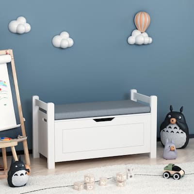 Kids Toy Box Chest,Rubber Wood Toy Box,Cabinet with Cushion Seat Bench/Flip-Top Lid/Safety Hinge,Toy Storage Organizer Trunk