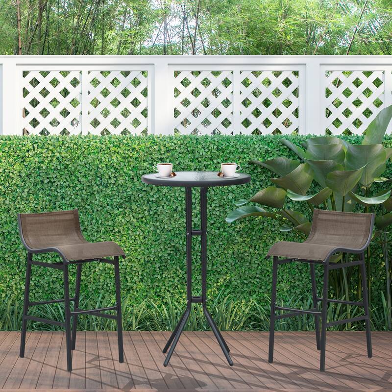 3-Piece Outdoor Pub Bistro Set with Round Glass-Top Table and 2 Bar Chairs, Weather-Resistant Patio Furniture for Garden聽