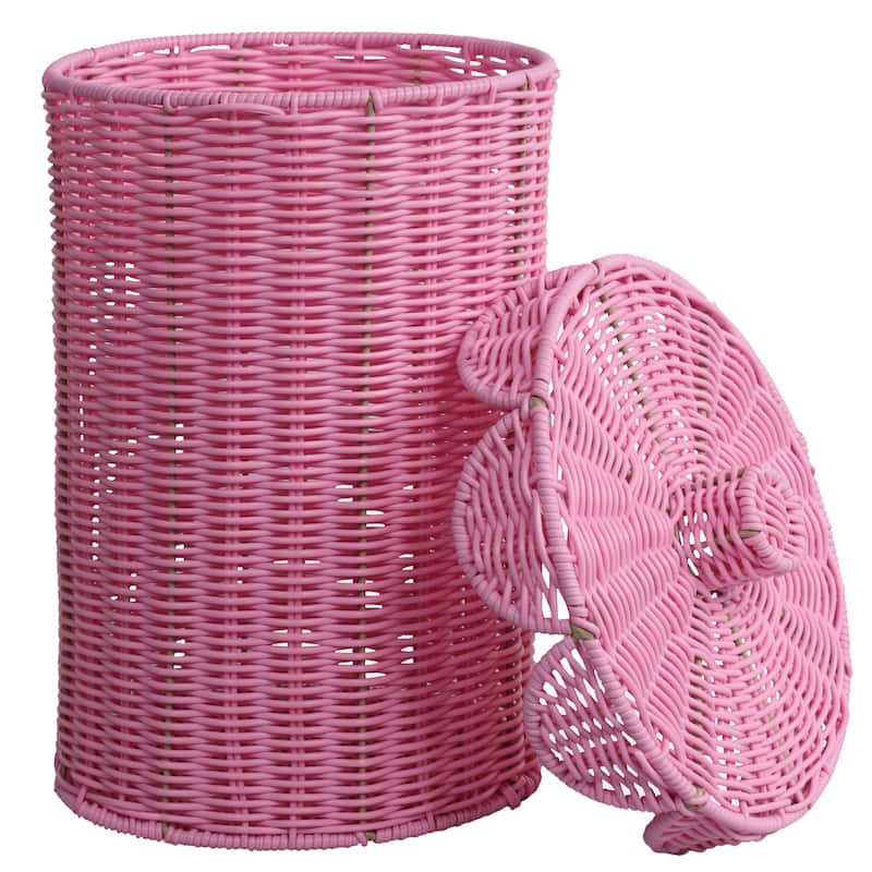Fern Modern Bohemian Resin 2.9-Gallon Cylinder Wicker Watebasket with Scalloped Lid - Pink