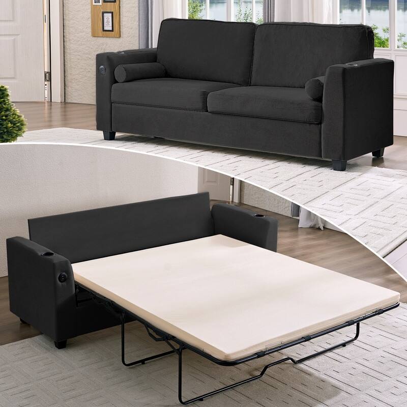 Mixoy Pull Out Loveseat Sofa,Sleeper Sofa Bed with Mattress,Cup Holder - BLACK - 2-Seater Sofa Bed