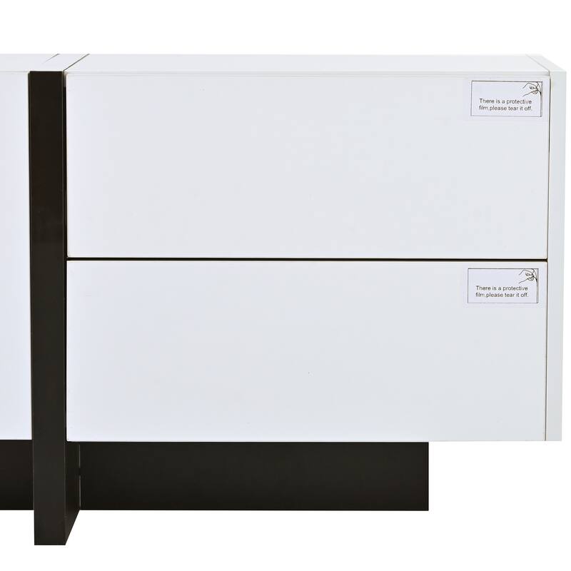 Sleek TV Stand with 2 Drawers, 3 Cabinets, and Contemporary Design for 80-Inch TVs, Black and White Finish.