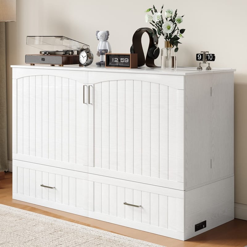 Mixoy Queen Modern Murphy Bed Cabinet with Charge Station,Mattress,Drawers