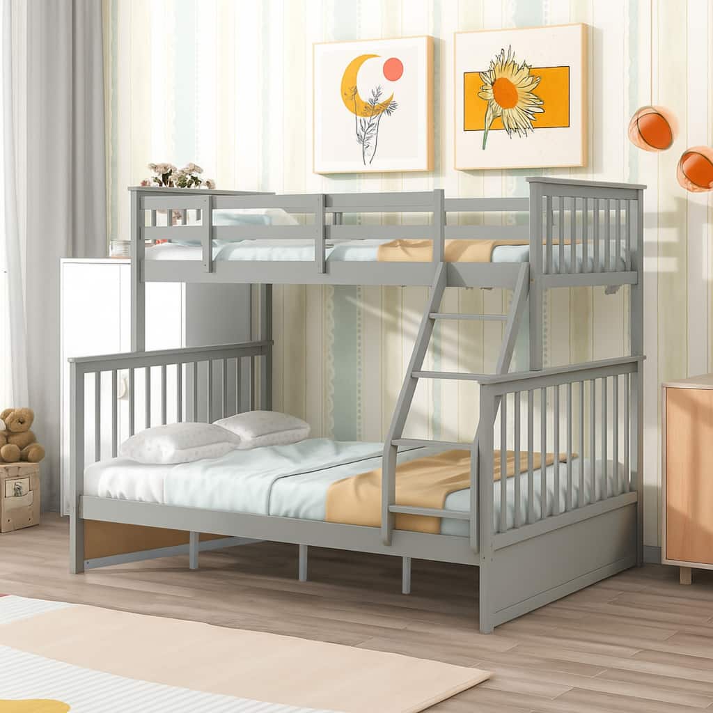 Gray Twin Over Full Bunk Bed with Ladder and Safety Rails