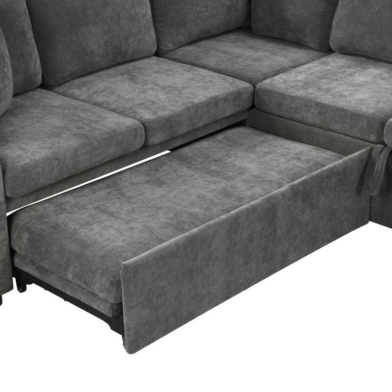 L-Shaped Sectional Sofa Bed, Chenille Upholstered Sleeper Sofa with Hidden Storage Compartment, 4 Seater Corner Sectional Sofa