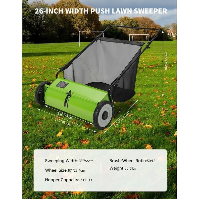 26 in Push Lawn Sweeper for All Terrains 7 cu. ft. Collection Bag 4 Brushes and Adjustable Height