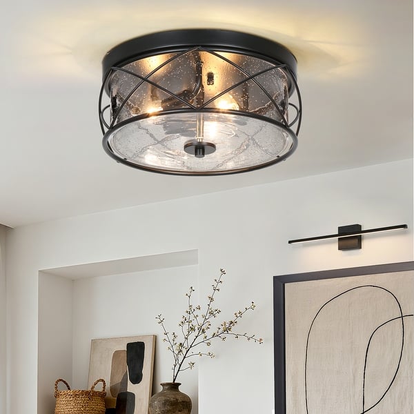 slide 2 of 13, Raretta Modern Farmhouse Black 3-Light Drum Flush Mount Glass Ceiling Light - D13" x H6"