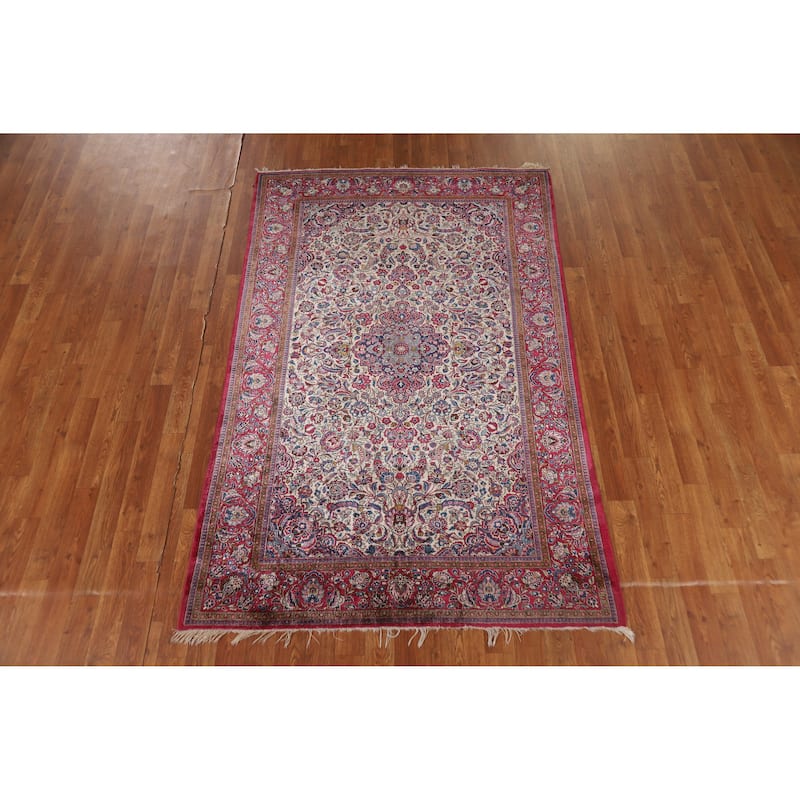Hand Knotted Oriental Silk Carpet Traditional Floral Beige & Ivories Kashan Area Rug - 6' 7'' X 4' 2''