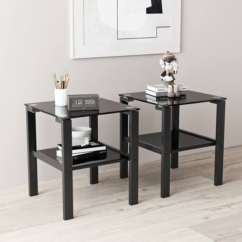 Set of 2, Glass two layer tea table, small round table, bedroom corner table, living room side table,Black