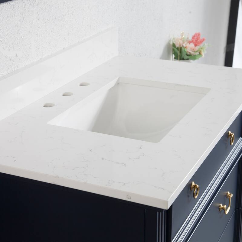 35'' H X 36'' W Solid Wood Bath Vanity with Stain-resistant Carrera White Quartz Top and Single Sink
