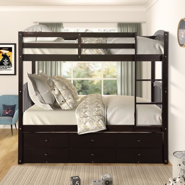 slide 2 of 16, Twin Wood Bunk Bed with Trundle, Drawers & Ladder - Strong Wooden Frame Espresso - Twin