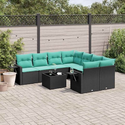 vidaXL 9 Piece Patio Sofa Set with Cushions Black Poly Rattan - 24.4x27.2x24.4