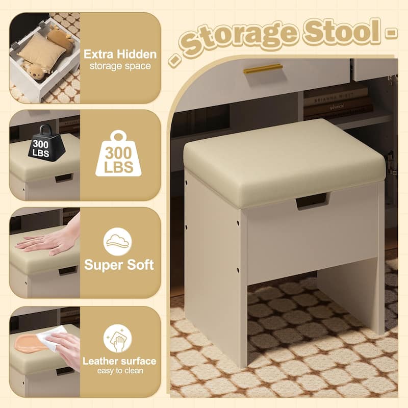47.2" Makeup Vanity with Mirror & Light - Vanity Desk with Cushioned Storage Stool