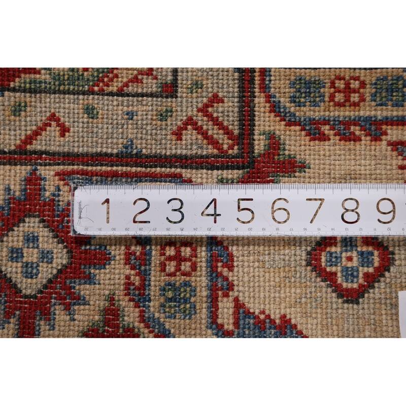 Geometric Red Kazak Runner Rug Hand-Knotted Hallway Wool Carpet - 3'11" x 13'4"