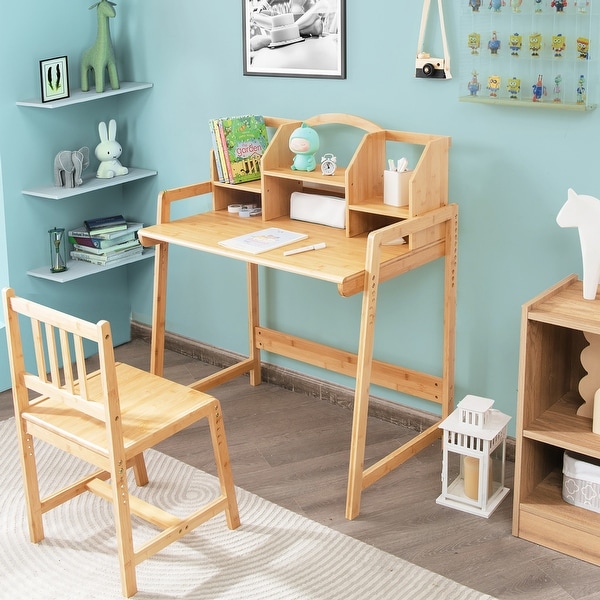 Costway Bamboo Kids Study Desk And Chair Set Height Adjustable