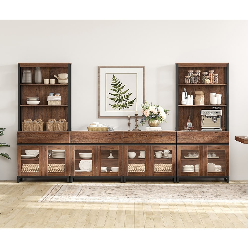 Modern Farmhouse Buffet Cabinet with 3 Tiers and 4 Cabinets, Wooden Sideboard for Dining Room or Kitchen
