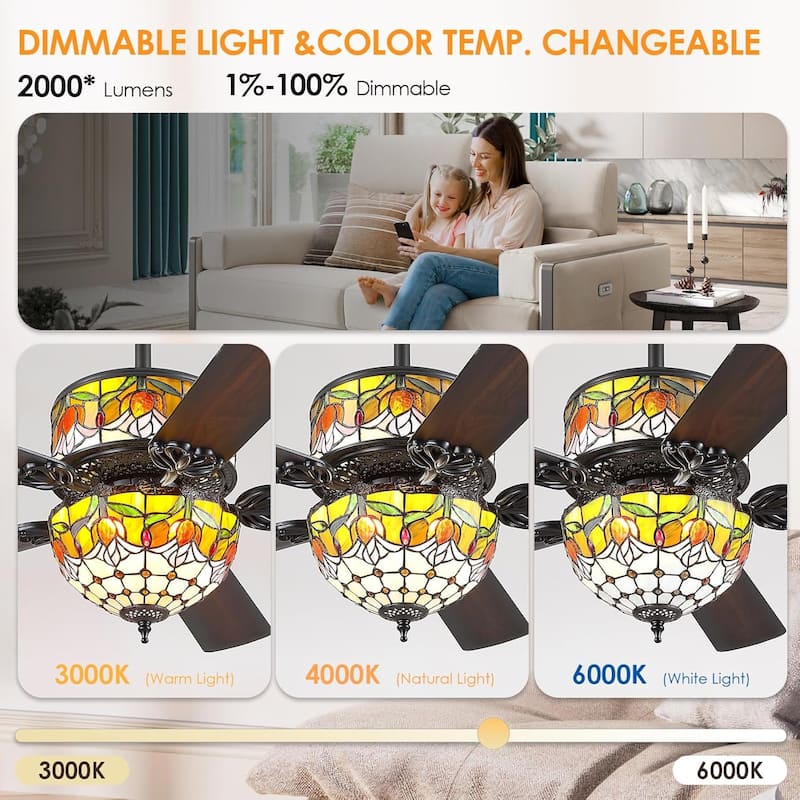 50" TiffanyTropical Ceiling Fan with 5 Palm Leaf Bllades and Vintage Cover Waterproof for Indoor and Outdoor Patio