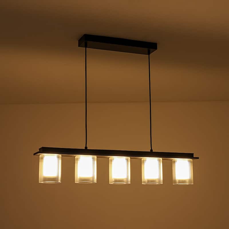 Modern Farmhouse 5-Light Dual-Layered Glass Dimmable LED Linear Chandelier - 35in