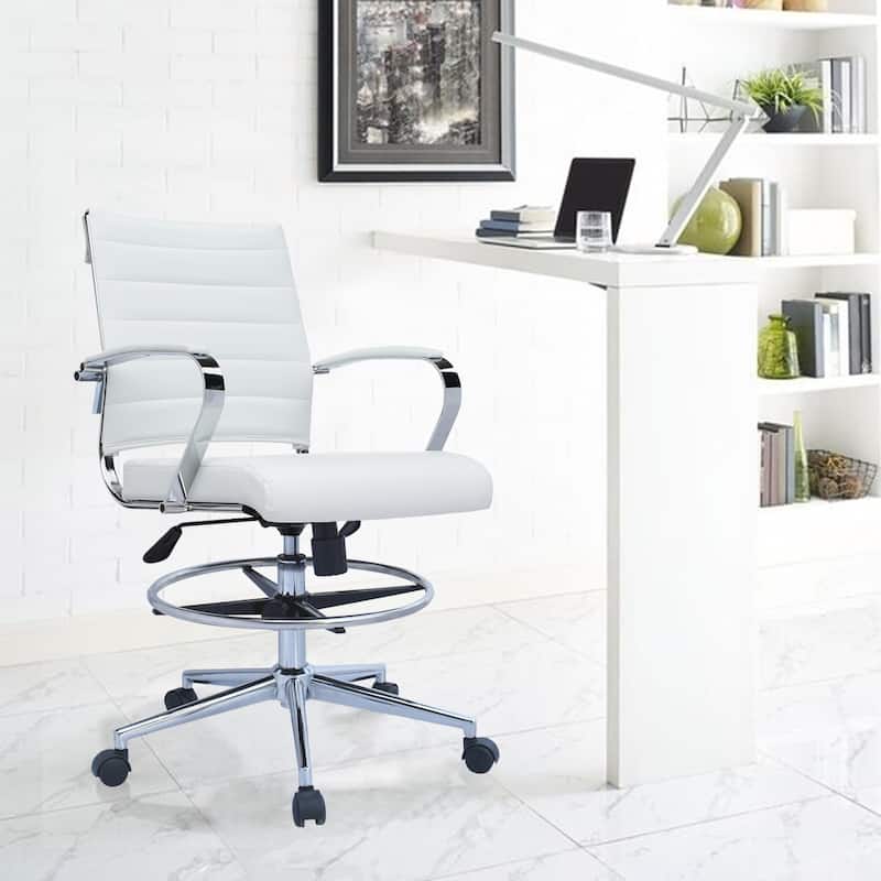 Set of 2 White Mid Open Padded Back Century Office Chair Wheels Ergonomic PU Leather Arm Rest Tilt Adjustable Height Swivel
