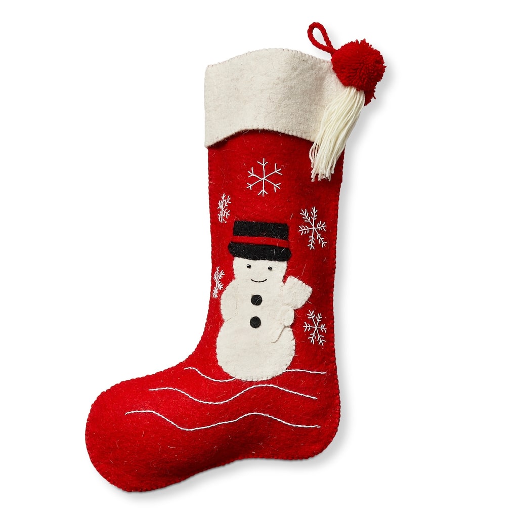 Farmhouse Snowman Holiday Stocking Red Felt 18.5x10.5 in Christmas Decor Dry Clean Only
