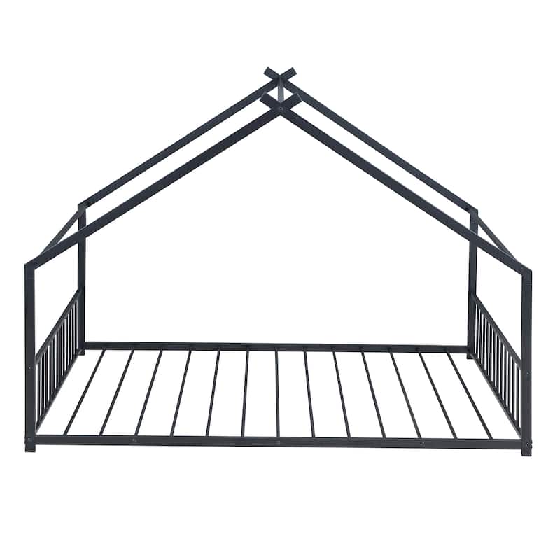 Kids Full Size Playhouse Bed with Roof, Metal Frame and Slats for Safe Sleeping