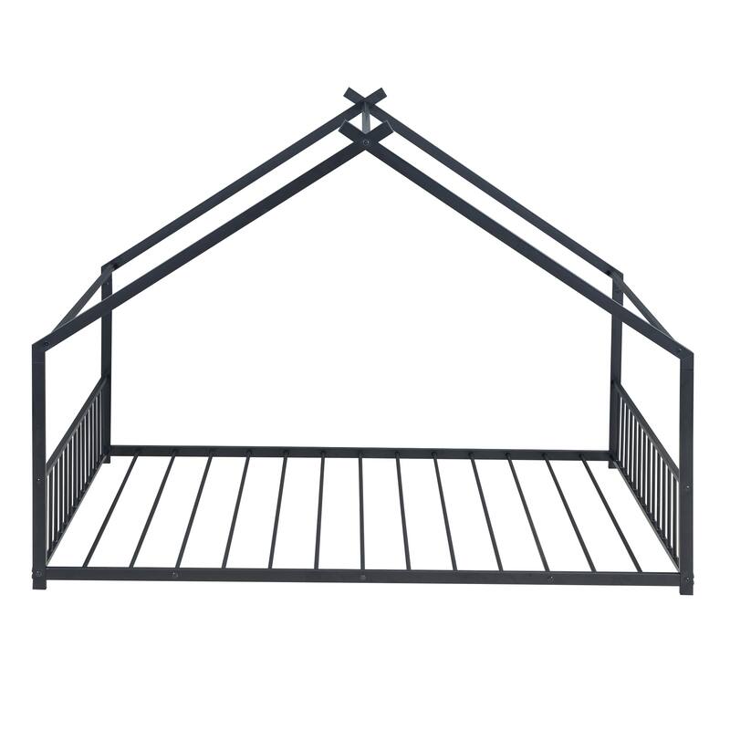 Twin/Full Size Montessori Floor Bed for Kids, Metal House Bed Frame w/Fence & Roof, Kids Playhouse Bed, Metal Platform Bedframe
