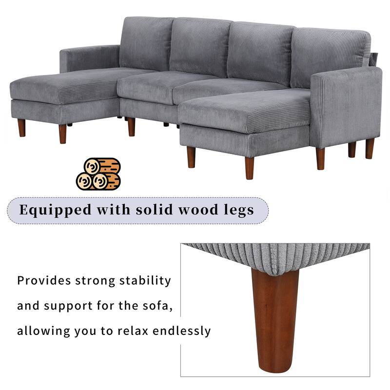 Grey 103'' Versatile U-Shaped 4-Seat Sectional Sofa with 2 Chaises, Solid Wood Legs, and Spacious Seating Areas