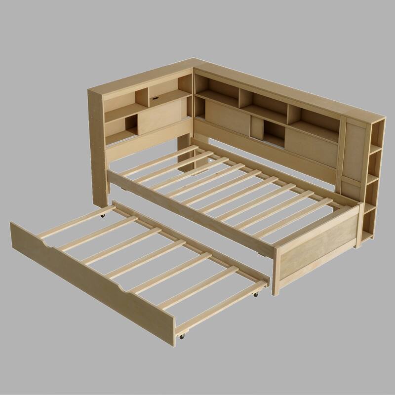 Wood Twin Daybed with Trundle, Built-in Storage Shelves & USB Charging Station - Natural - Twin