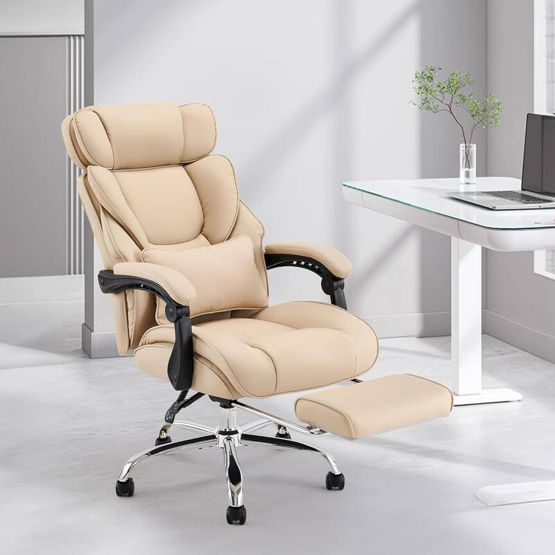 Office Chair with Footrest-Ergonomic Computer Chair with Extra Lumbar Support Pillow, Thick Bonded Leather - Brown