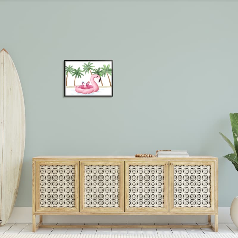 Stupell Pink Flamingo Tropical Beach Float Party Palm Trees Framed Wall Art