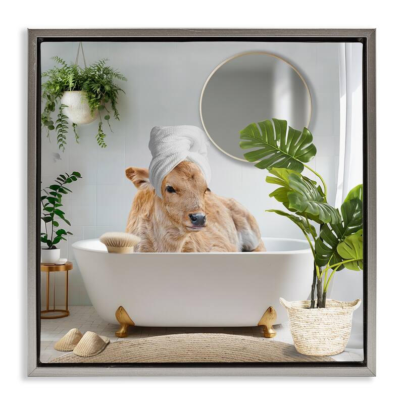 Stupell Pampered Cow in Bath Framed Floater Canvas Wall Art Design By CAD Designs - 18 x 18 - Grey