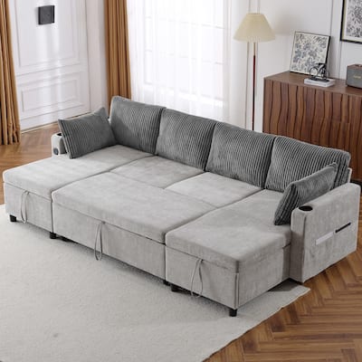 111.8" Sectional Pull-out Sofa Bed, Grey Chenille, w/ Storage, USB, Cup Holders