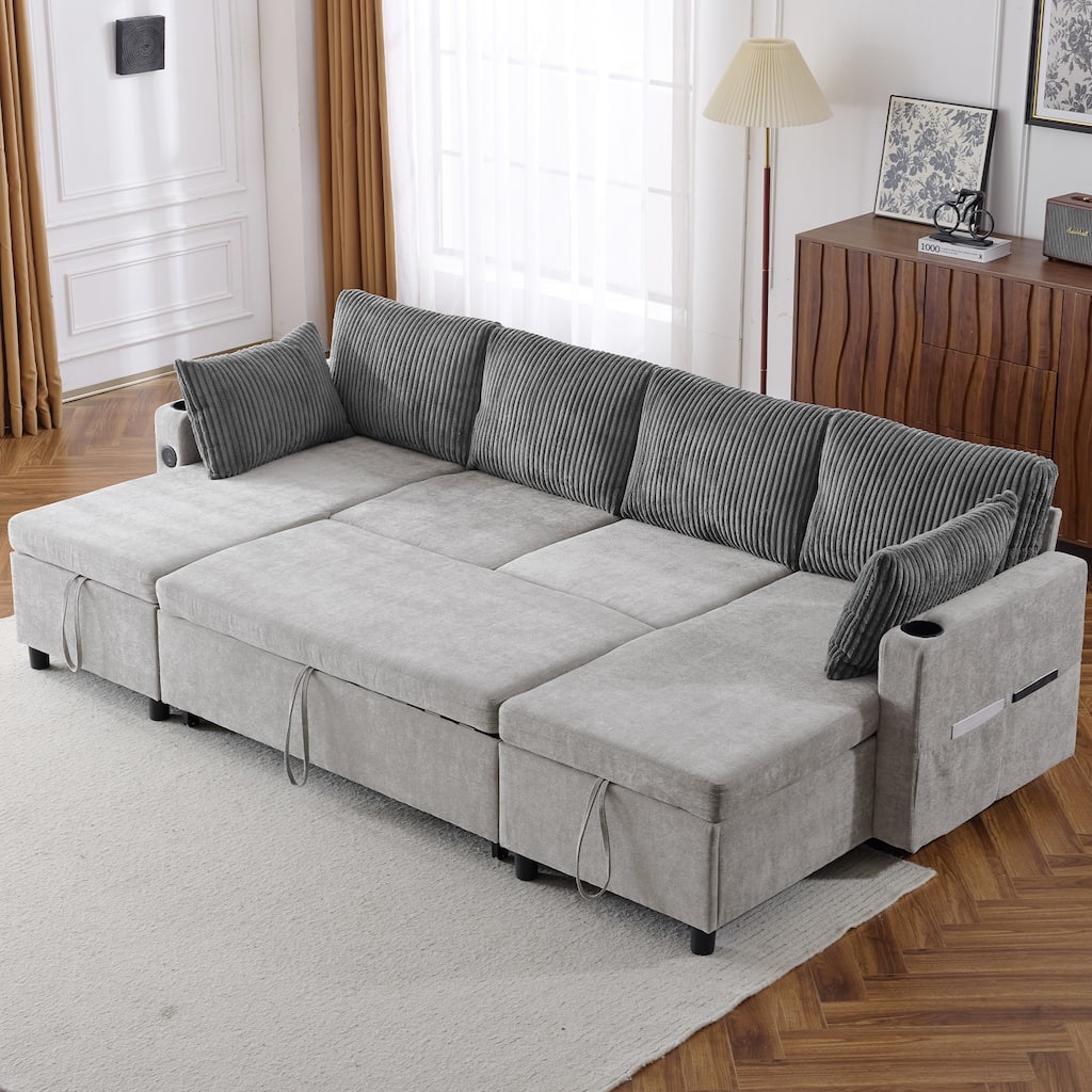 111.8" Sectional Pull-out Sofa Bed, Grey Chenille, w/ Storage, USB, Cup Holders