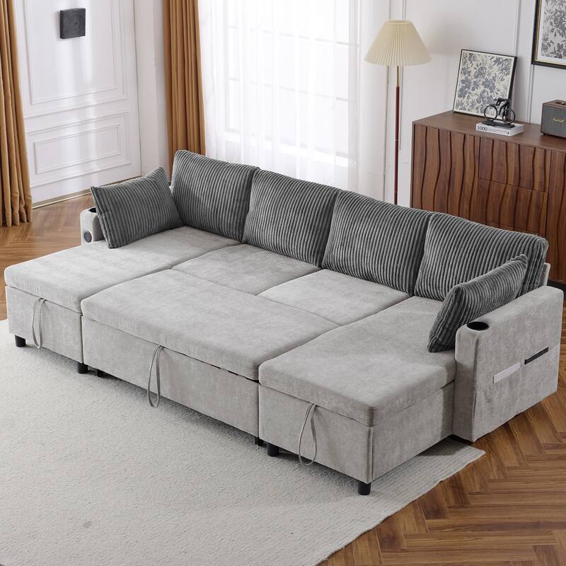 Multifunctional Sectional Sofa Bed with Pull-Out Sleeper, Dual Storage Chaises, USB Ports and Cup Holders for Living Room - Grey