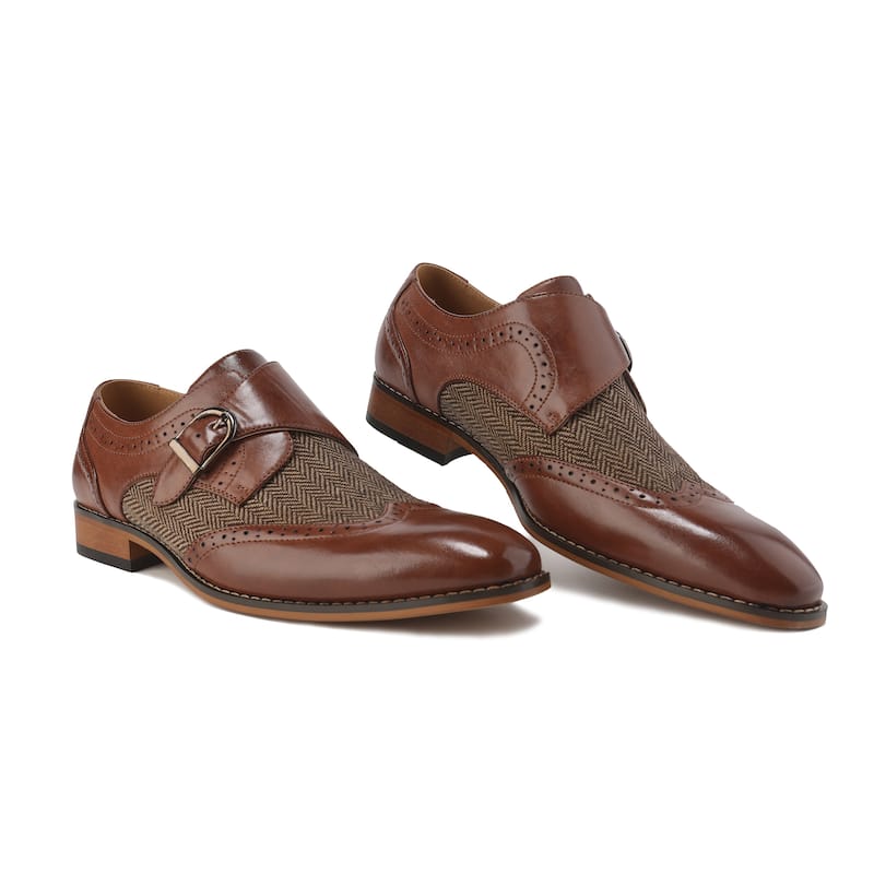 Gino Vitale Mens Monk Strap Herringbone Dress Shoes - Brown - 8.5