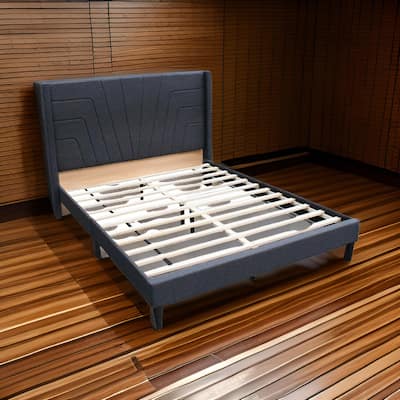 Nny Queen Size Bed with Tufted Headboard, Charcoal Burlap Upholstery, Wood