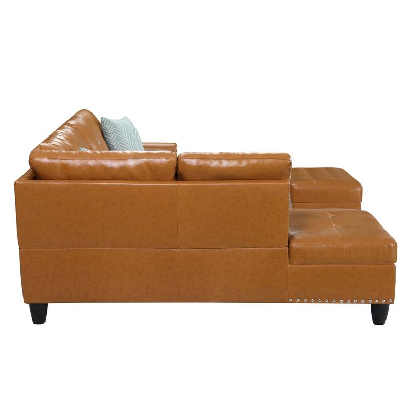 Wood Frame Faux Leather Storage Sectional Sofa with Ottoman & Cup Holders