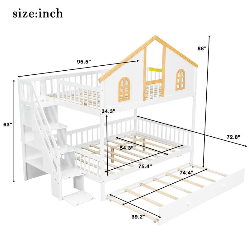 Fairytale Bunk Bed with Window Door House-shaped Roof Frame and Storage Staircase, Optional with Storage Drawers or Trundle Bed