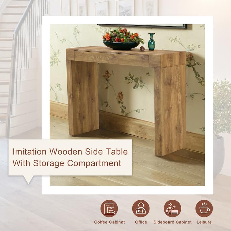 50-Inch Wood Grain Bar Table – Dual Drawers, Multi-Functional as Desk or Bar Counter.