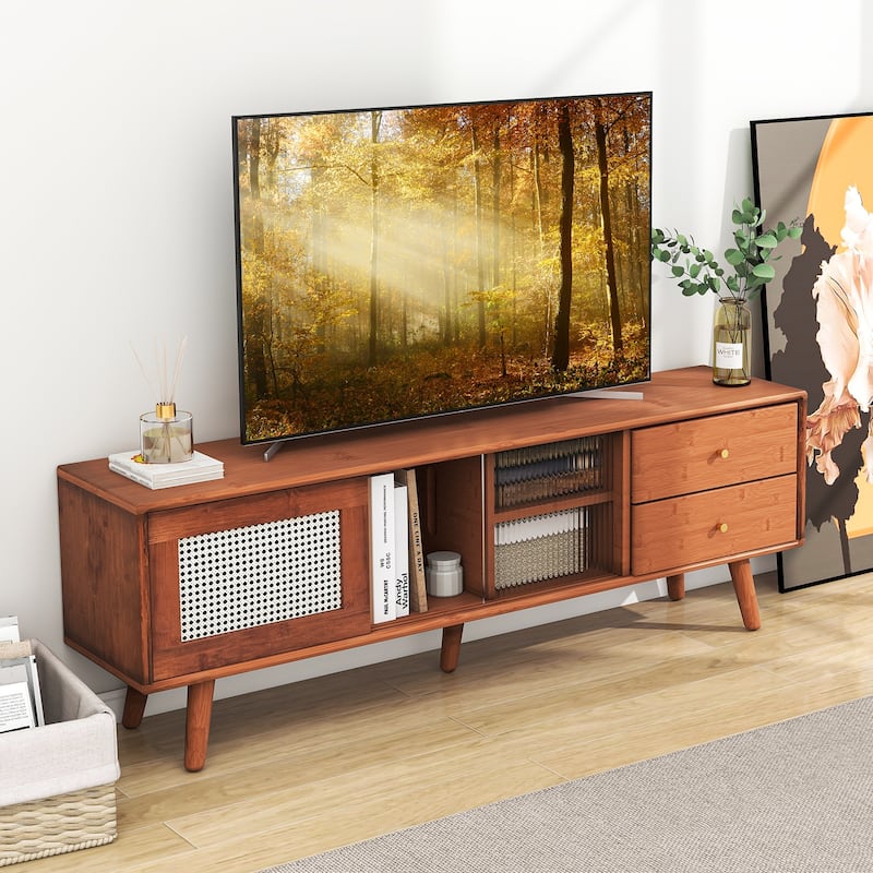 Wood Rattan Glass TV Stand with Drawers and Adjustable Shelves - 55" x 12" x 18"