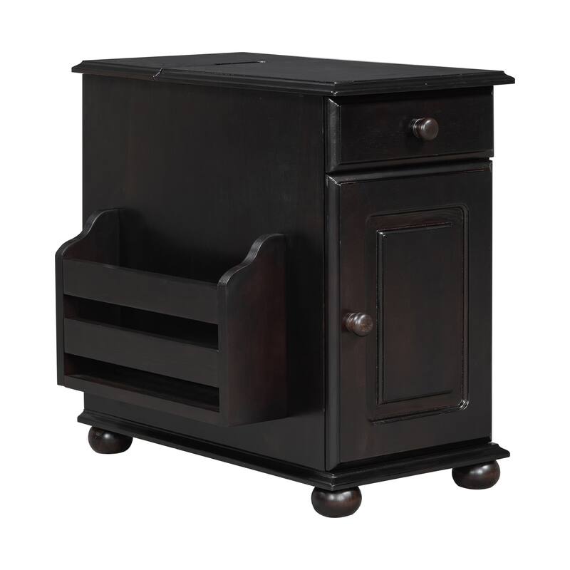 Vintage End Table with USB Ports and Multifunctional Drawer with Cup Holders