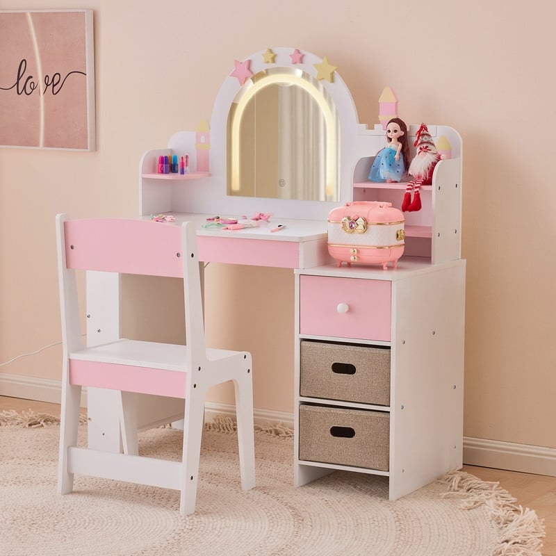 Kids MDF Vanity Table Set In White And Pink With 1 Drawer And Storage Rack - N/A