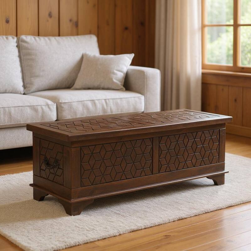 HomeRoots 52" Brown Solid Wood Geometric Storage Ottoman - Brown - 52.00 in. x 18.00 in.  x 17.00 in.