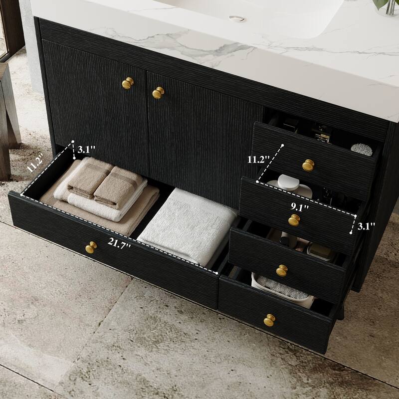 36" Freestanding Bathroom Vanity with Faux Marble Top, Ceramic Sink, 5 Drawers & Stainless Steel Legs